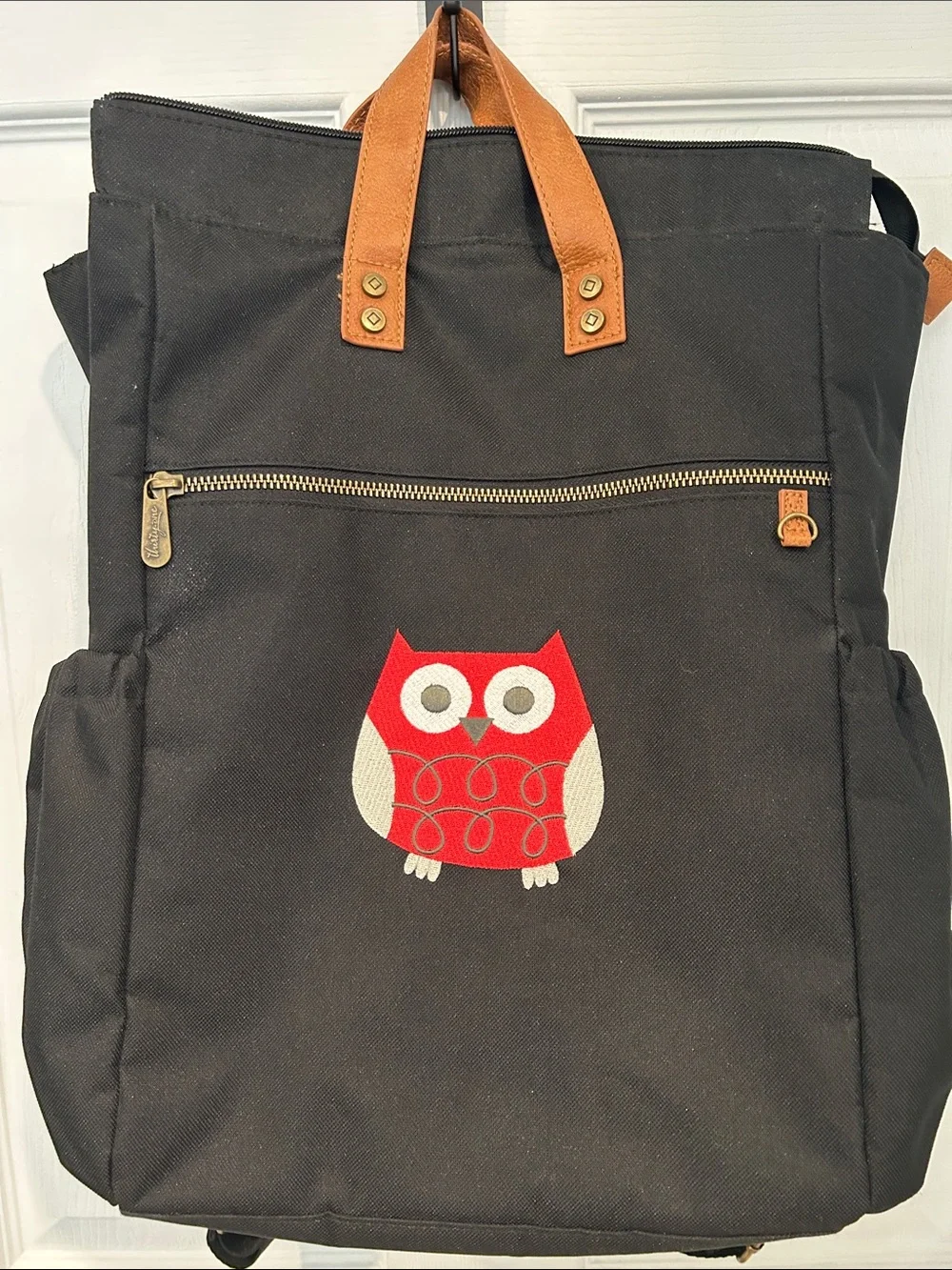 Thirty-one Journey Black Backpack with Red & Cream Owl Accent
